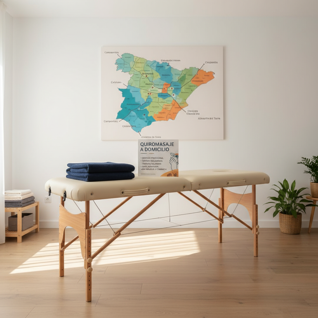 A detailed view of a portable massage table positioned in the center of a bright living space, with a printed map of Málaga and surrounding neighborhoods like Campanillas and Cártama hanging on the wall behind it, slightly out of focus. On the table lies a neatly folded navy-blue blanket and a brochure about quiromasaje, all in Spanish. Natural midday light fills the room from a large unseen window, producing clear, even illumination and soft shadows. Photographic realism, shot at eye level with balanced composition, evoking the idea of a mobile, on-location professional service across different districts.