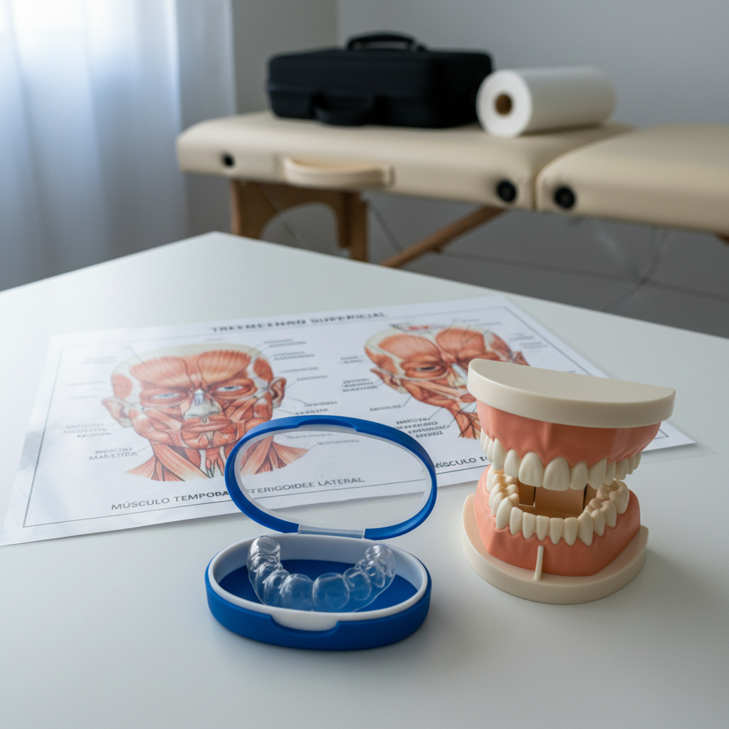 A detailed, close-up shot of a professional bruxism treatment setup on a clean white desk: a transparent dental night guard in an open blue case, a small anatomical jaw model, and a printed diagram of facial and neck muscles with Spanish labels. Behind them, slightly out of focus, lies a folded massage table and a roll of disposable face cradle covers, hinting at mobile service. Cool, diffused daylight from a nearby window illuminates the scene, casting precise, soft shadows and highlighting textures. Photographic realism, slightly elevated angle, conveying a specialized, clinical yet approachable atmosphere.