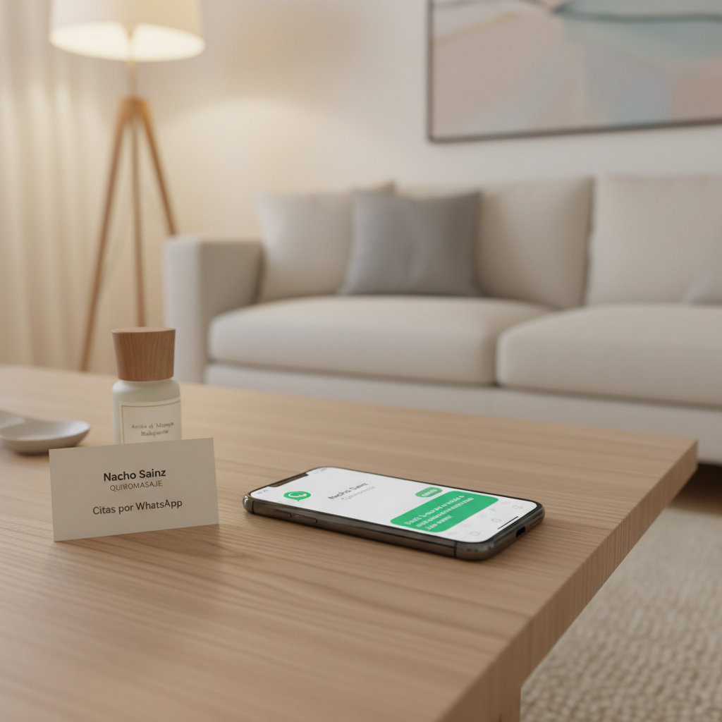 A sleek modern smartphone resting on a light oak coffee table, displaying a WhatsApp chat screen in Spanish with a clearly visible green logo and a message confirming a quiromasaje appointment in Málaga. Next to the phone lies a simple branded business card for “Nacho Sainz Quiromasaje” and a small, discreet bottle of massage oil. The background fades into a softly blurred living room with calming neutral colors. Gentle, warm indoor lighting from a nearby lamp creates a cozy yet professional atmosphere. Photographic realism, close-up composition, shallow depth of field emphasizing the simplicity of booking by WhatsApp.